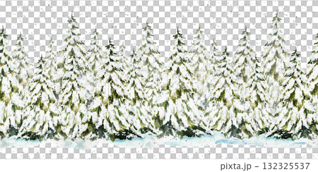 Watercolor Spruce tree snow covered coniferous forest and snowfall seamless border. Snowy winter Christmas fir pattern Hand drawn illustration isolated from background for fabric, wallpaper, packaging Watercolor Spruce tree snow covered coniferous forest and snowfall seamless border. Snowy winter Christmas fir pattern Hand drawn illustration isolated from background for fabric, wallpaper, packaging 132325537