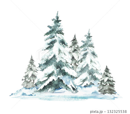 Winter Landscape with snow covered green spruces firs. Watercolor realistic Snowy Hills, snowdrifts and frosty evergreen forest. Hand drawn illustration isolated from the background. New Year card.  132325538