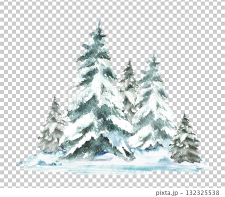 Winter Landscape with snow covered green spruces firs. Watercolor realistic Snowy Hills, snowdrifts and frosty evergreen forest. Hand drawn illustration isolated from the background. New Year card.  132325538
