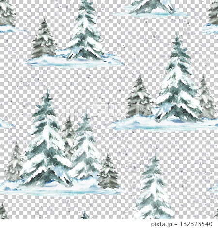Watercolor Spruce tree snow covered, snowfall landscape seamless pattern. Snowy Hills, snowdrifts and frosty evergreen fir forest. Hand drawn illustration isolated from background. Christmas fabric 132325540