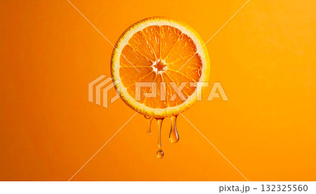 Juicy purity and modern design concept, Minimal composition, single dripping orange slice Juicy purity and modern design concept, Minimal composition, single dripping orange slice 132325560