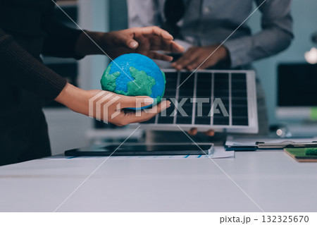 Group of businesspeople in team brainstorm meeting discussion on ESG (Environmental, social, corporate governance) organization planning. Sustainable business, coworker people teamwork. Close up 132325670