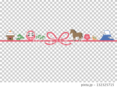 New Year's card 2026 - Simple illustration of Mizuhiki, horse, and auspicious items. Mizuhiki, Year of the Horse, materials, Mt. Fuji, Daruma, Kagami mochi 132325715