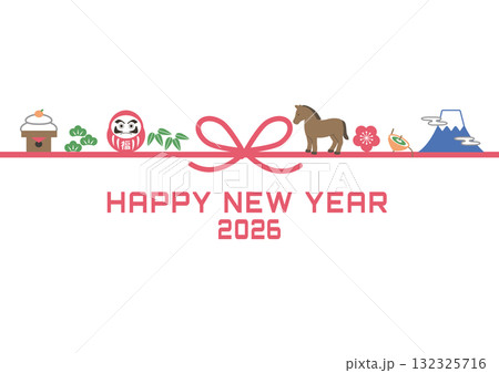 年賀状2026 　水引きとウマと縁起物のシンプルなイラスト　水引き　午年　素材,富士山,ダルマ,鏡餅 132325716