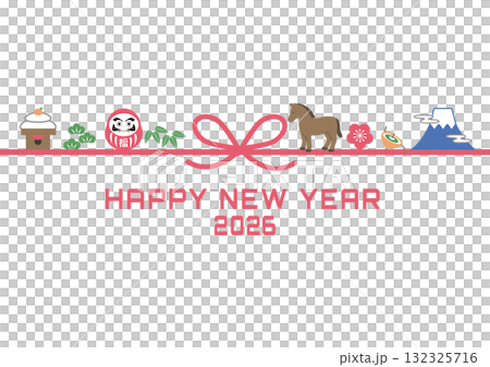 年賀状2026 　水引きとウマと縁起物のシンプルなイラスト　水引き　午年　素材,富士山,ダルマ,鏡餅 132325716