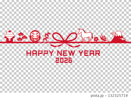 2026年新年賀卡 - 水引、馬和吉祥物品的簡單插圖。水引、馬年、材料、富士山、達摩、鏡餅 2026年新年賀卡 - 水引、馬和吉祥物品的簡單插圖。水引、馬年、材料、富士山、達摩、鏡餅 132325719