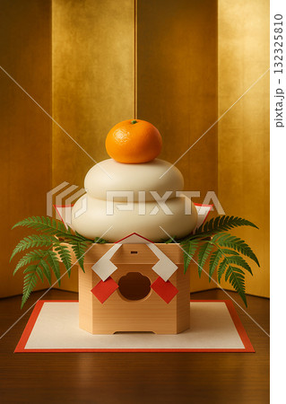 黄金の背景に映える鏡餅 ― 新年を祝う伝統の正月飾り 132325810