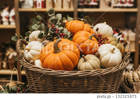 Store displaying decorative pumpkins and gourds in woven basket. Thanksgiving Day seasonal decoration with berries and foliage. 132325873