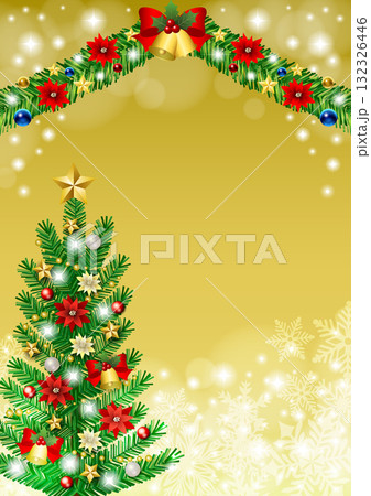 クリスマス背景、ツリーとモール、金、かわいい、イラスト、縦 132326446