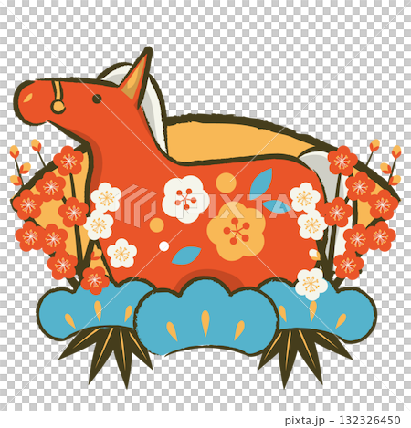 馬年新年圖示 09，復古色彩，扇子，紅馬，插圖，可愛 132326450