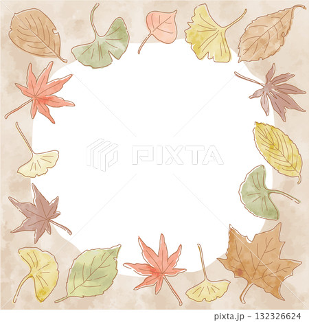 紅葉した落ち葉の正方形フレーム　淡いくすみカラーの手描き水彩風ベクターイラスト 132326624