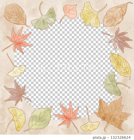 紅葉した落ち葉の正方形フレーム　淡いくすみカラーの手描き水彩風ベクターイラスト 132326624