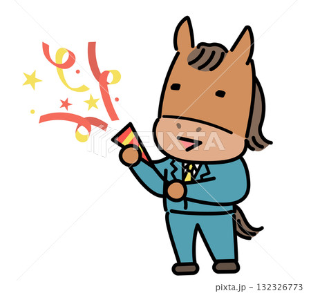 楽しげにクラッカーを鳴らす馬のキャラクター 132326773