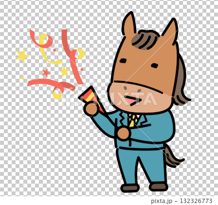 楽しげにクラッカーを鳴らす馬のキャラクター 132326773