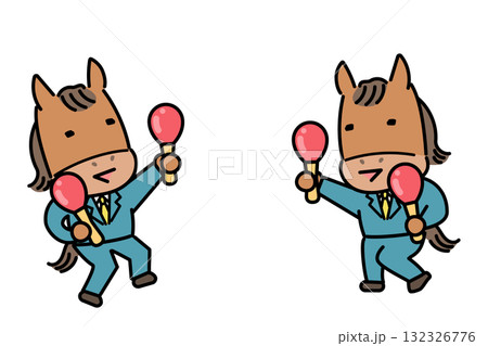 マラカスを持って楽しく踊る二頭の馬のキャラクター マラカスを持って楽しく踊る二頭の馬のキャラクター 132326776