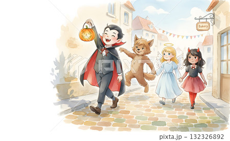 ハロウィンの街を歩く子どもたち（水彩イラスト・コピースペースあり） 132326892
