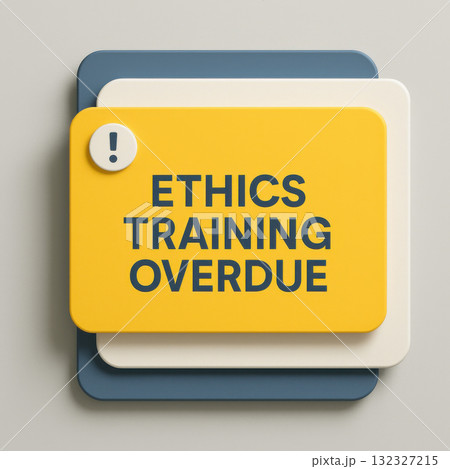 Urgent corporate compliance reminder about overdue ethics training. This professional yellow card on screen serves as notification for mandatory employee education 132327215