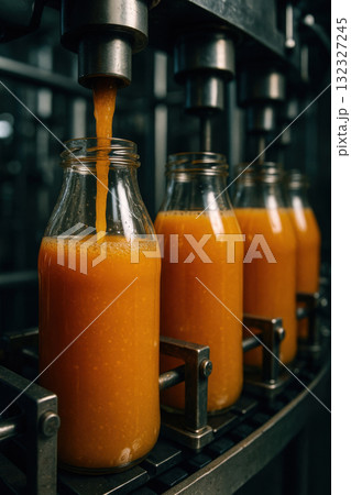 Closeup of fresh orange fruit juice pouring into glass bottles on an automated production line. An efficient industrial setting with low angle lighting on machinery 132327245