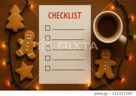Festive Christmas checklist paper with gingerbread cookies, cup of coffee, and warm glowing lights on wooden background. Cozy holiday planning and celebration concept 132327287