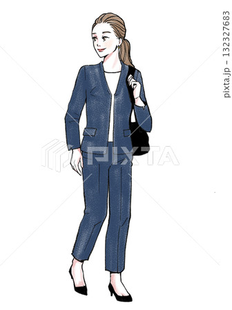 イラスト素材：スーツ・立ち姿・女性（ポニーテイル） 132327683