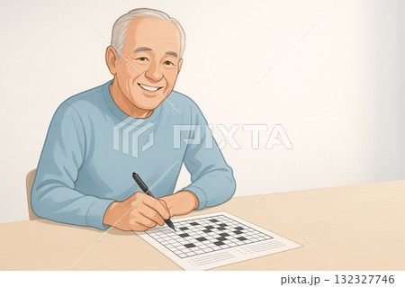 テーブルで脳トレに取り組む高齢者 テーブルで脳トレに取り組む高齢者 132327746