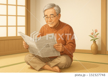 畳の部屋で新聞を読む高齢者 132327748