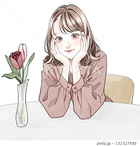 両手で頬杖をつく女性 132327888