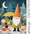 Whimsical Christmas Santa with Black Cat in Snowy Forest  Cozy Winter Night Illustration 132327919