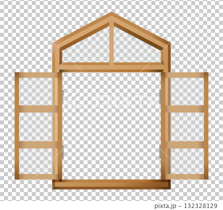 木製窗戶的插圖。門開著。白色背景上的向量插圖。 132328129