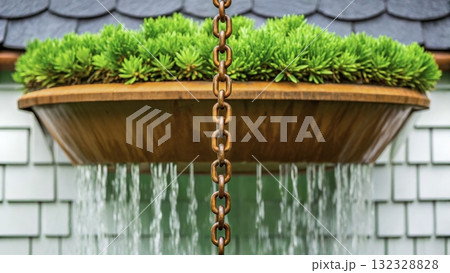 Hanging planter with lush greenery and cascading water creates a serene garden atmosphere 132328828