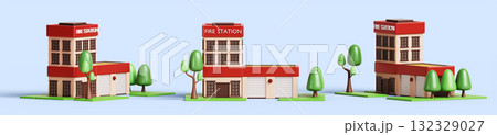 Fire brigade station building exterior 3d icon set in different angles. Municipal city service, town firefighter department office with closed garage box for emergency rescue trucks. 3D illustration Fire brigade station building exterior 3d icon set in different angles. Municipal city service, town firefighter department office with closed garage box for emergency rescue trucks. 3D illustration 132329027