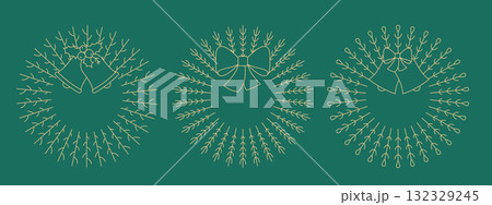 Modern line decorative floral Christmas, New Year wreath for Holidays card, banner, invitation. Cute simple foliage with bell, bow. Modern line decorative floral Christmas, New Year wreath for Holidays card, banner, invitation. Cute simple foliage with bell, bow. 132329245