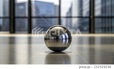 Reflective metal sphere on polished floor in modern urban space with city view Reflective metal sphere on polished floor in modern urban space with city view 132329256