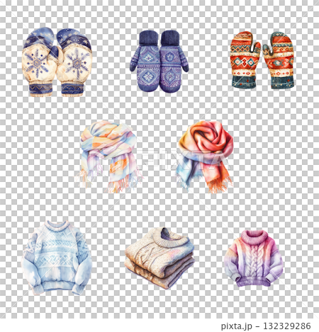 溫暖的冬季配件古董剪貼畫 | 手套和圍巾的水彩插圖 溫暖的冬季配件古董剪貼畫 | 手套和圍巾的水彩插圖 132329286