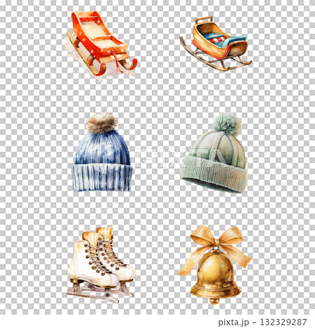冬季活動和配件的古董剪貼畫 | 雪橇、帽子、溜冰鞋和鈴鐺的水彩插圖 冬季活動和配件的古董剪貼畫 | 雪橇、帽子、溜冰鞋和鈴鐺的水彩插圖 132329287