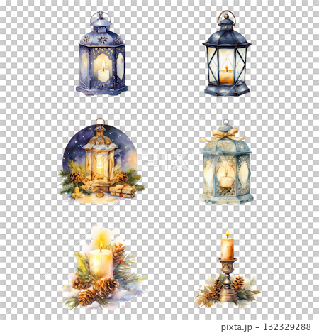燈籠和蠟燭的古董剪貼畫 | 燈光的水彩冬季插圖 132329288