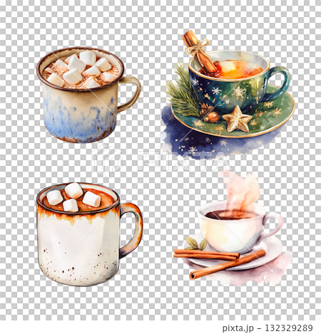 冬季熱飲古董剪貼畫 | 可可和茶杯的水彩插圖 132329289