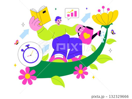 Personal Growth Vector Illustration Featuring Development Through Positive Habits, Lifelong Learning, Adaptability and Perseverance for Career Success Personal Growth Vector Illustration Featuring Development Through Positive Habits, Lifelong Learning, Adaptability and Perseverance for Career Success 132329666