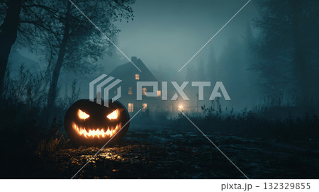 Halloween pumpkin glowing on dark path, spooky house in foggy forest, eerie atmosphere, autumn night, scary mood 132329855