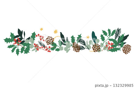 12月のクリスマスフレーム。松ぼっくりとヒイラギのクリスマス背景。冬のクリスマスリースイラスト。 132329985