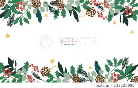 12月のクリスマスフレーム。松ぼっくりとヒイラギのクリスマス背景。冬のクリスマスリースイラスト。 132329986