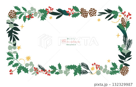 12月のクリスマスフレーム。松ぼっくりとヒイラギのクリスマス背景。冬のクリスマスリースイラスト。 132329987