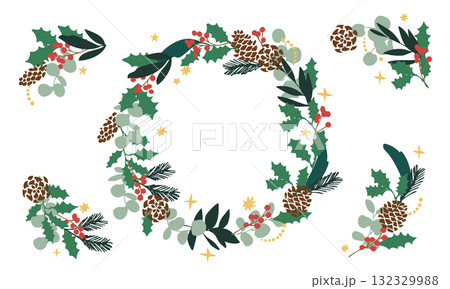12月のクリスマスフレーム。松ぼっくりとヒイラギのクリスマス背景。冬のクリスマスリースイラスト。 132329988