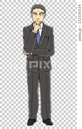顎に手をあてて立つスーツの中年男性 132330324