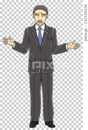 一位西裝筆挺的中年男子張開雙臂,一臉苦惱地說話 一位西裝筆挺的中年男子張開雙臂,一臉苦惱地說話 132330326