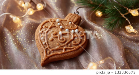 Beautifully decorated cookie shaped like a Christmas ornament, ideal for festive desserts and holiday gatherings Beautifully decorated cookie shaped like a Christmas ornament, ideal for festive desserts and holiday gatherings 132330375