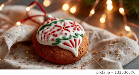 A beautifully decorated Christmas cookie shaped like an ornament rests on a soft cloth, surrounded by twinkling lights A beautifully decorated Christmas cookie shaped like an ornament rests on a soft cloth, surrounded by twinkling lights 132330376