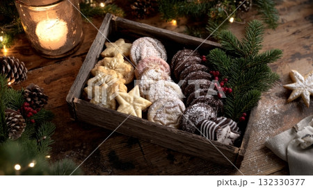 Rustic wooden tray holds a variety of decorated Christmas cookies, perfect for sharing during holiday festivities with loved ones 132330377