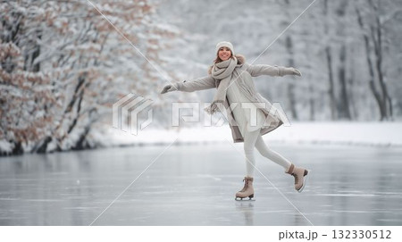 アイススケートリンクで優雅に滑る女性 132330512