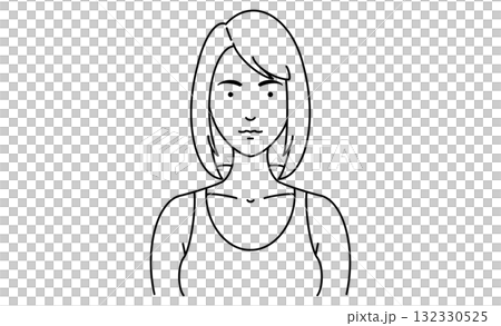 身穿背心、面向前方、留著鮑伯髮型的女性的線條畫圖標 身穿背心、面向前方、留著鮑伯髮型的女性的線條畫圖標 132330525